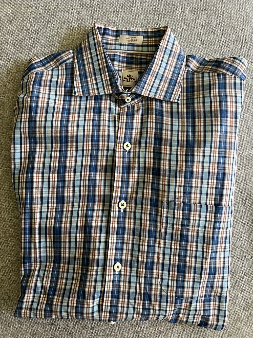 Peter Millar Blue and Cream Plaid Button-Down Shirt